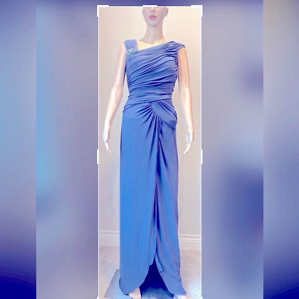 ADRIANNA PAPELL evening grey formal maxi dress w/ front split.
